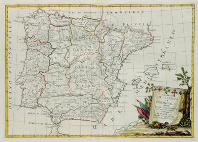 स्पेन और पुर्तगाल के राज्य अपने प्रांतों में विभाजित हैं, 1775 में वेनिस में प्रकाशित एंटोनियो जट्ट, प्राइवेट कलेक्शन द्वारा वेनिस में प्रकाशित सबसे नए एटलस के टोम I से लिया गया। द्वारा जी। जुलियानी