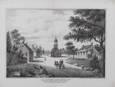1776 में पुराना सुधारित डच चर्च, 1808 में मिस एलिजाबेथ स्लीट द्वारा खींचा गया, ब्रुकलिन शहर के एच। मैकक्लोस्कीज़ मैनुअल के लिए छपा, 1864 द्वारा हेवर्ड के बाद जी