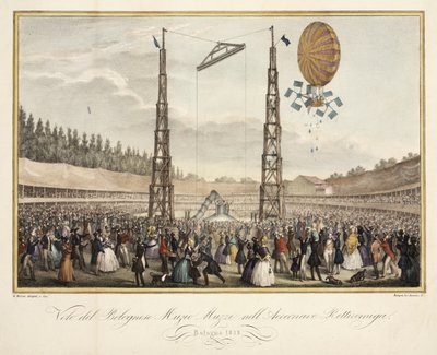 1838 में एयरशिप रेटिरमेइगा में बोलोग्नीज मुजियो मुज़े (1809-46) की उड़ान द्वारा मेलोनी के बाद जी