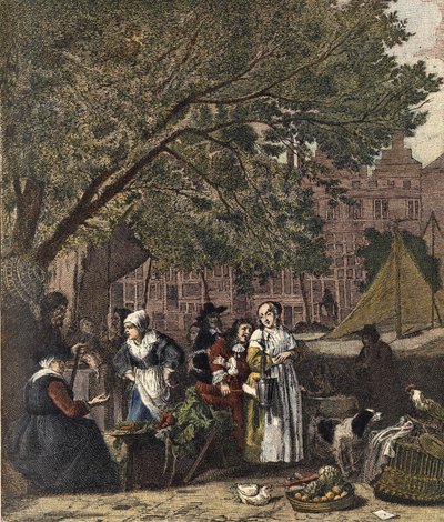 एम्स्टर्डम हर्ब मार्केट। गेब्रियल मेत्सु (1629-1667) की पेंटिंग के बाद 19वीं शताब्दी की नक्काशी। द्वारा गेब्रियल (बाद) मात्सु