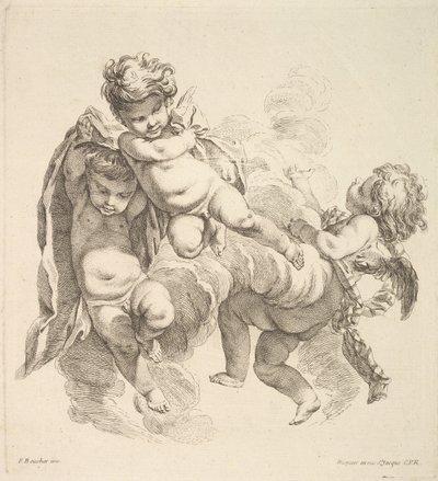 बादलों के बीच तीन बच्चे एक चिलमन लेकर, 1738-45। द्वारा गेब्रियल ह्यूक्वियर