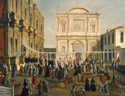 पवित्र दिन पर चर्च ऑफ सैन रोक्को में डोगे और लॉर्ड्स, गेब्रियल बेला (1730-1799) द्वारा कैनवास पर तेल, 92.5x145.5 सेमी, विस्तार द्वारा गेब्रियल बेला