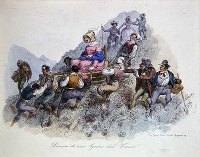 माउंट वेसुवियस से उतरता हुआ एक पर्यटक, c.1830 (कलर लिथो) द्वारा गेटानो (बाद में) ड्यूरा
