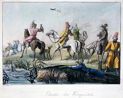 किर्गिज़ शिकारी बाज़ों के साथ शूटिंग और शिकार करते हैं, जूल्स फेरारियो द्वारा 'ले कॉस्ट्यूम एनसीन एट मॉडर्न' का चित्रण, मिलान c.1820s-30s में प्रकाशित (रंग उत्कीर्णन) द्वारा गैलो गैलीना
