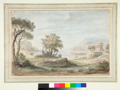 एक गोल मंदिर (कलम और भूरे रंग की स्याही और रंगीन राख) के साथ लैंडस्केप द्वारा गैस्पर वान विटेल