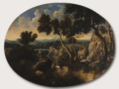 रॉकी लैंडस्केप विथ हंटर्स, c.1635 द्वारा गैसपार्ड पौसिन दुगेट