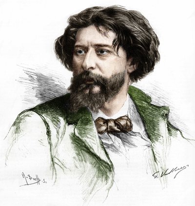 अल्फोंस डौडेट का पोर्ट्रेट (1840-1897), फ्रांसीसी लेखक। गैस्टन वुइलियर, एसडी के बाद ए पोची द्वारा उत्कीर्णन। 19 वीं सदी के अंत में। द्वारा गैस्टन (के बाद) Vuillier