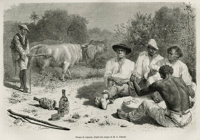 1878-1879 में फ्रांसीसी नौसेना के डॉक्टर जूल्स क्रेवॉक्स द्वारा डी केयेन ऑक्स एंडीज की कहानी को चित्रित करने के लिए, जी.वुइलियर द्वारा एक चित्र के बाद उत्कीर्णन, ताश खेलने और शराब पीने वाले वाक्वेरोस का एक समूह, अपने बैलों के झुंड के पास, 1878-1879 में प्र द्वारा गैस्टन वूलीयर