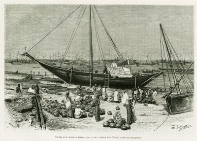 ज़ांज़ीबार बाज़ार (तंजानिया) पर एक टेप। 1882 और 1883 में बेनाडिर्स, सोमालिस और बेयॉन्स के बीच यात्रा की कहानी को चित्रित करने के लिए जी.वुइलियर द्वारा उत्कीर्ण, जी.रेवोइल द्वारा, ले टूर डू मोंडे 1888 में, एडौर्ड चार्टन (1807-1890), हैचेट, पेरिस द्वारा निर् द्वारा गैस्टन वूलीयर