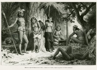 जंगल में बिवौक और फेफड़े के प्रकार। एडौर्ड चार्टन (1807-1890), हैचेट, पेरिस द्वारा निर्देशित, ले टूर डू मोंडे 1890 में कार्ल बॉक द्वारा डी कौटेई ए बैंडजिरमासिन, बोर्नियो के माध्यम से यात्रा की कहानी को चित्रित करने के लिए जी.वुइलियर द्वारा उत्कीर्ण। द्वारा गैस्टन वूलीयर
