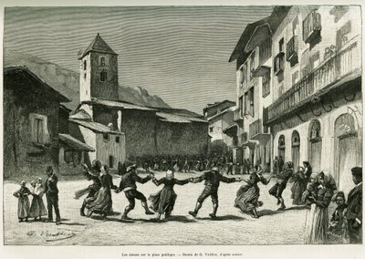 सार्वजनिक चौक में नृत्य। एडोअर्ड चार्टन (1807-1890), हैचेट, पेरिस द्वारा निर्देशित ले टूर डू मोंडे 1888 में, गैस्टन वुइलियर द्वारा ली वैल डी'अंडोरा की कहानी को चित्रित करने के लिए जी.वुइलियर द्वारा उत्कीर्णन। द्वारा गैस्टन वूलीयर