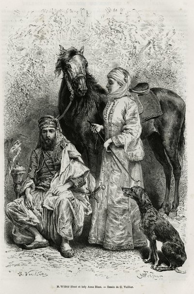 मिस्टर विल्फ्रिड ब्लंट (1840-1922), कवि और लेखक, और उनकी पत्नी, लेडी अन्ना ब्लंट (नी किंग नोएल (किंग नोएल) 1837-1917) के चित्र, मध्य पूर्व का पता लगाने वाली पहली यूरोपीय महिला, एक यात्रा सूट पहने हुए , उनके अस्तबल में अरब घोड़ों में से एक के सामने द्वारा गैस्टन वूलीयर