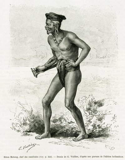 सिबौ मोबांग, नरभक्षी का मुखिया। एडौर्ड चार्टन (1807-1890), हैचेट, पेरिस द्वारा निर्देशित, ले टूर डू मोंडे 1890 में कार्ल बॉक द्वारा डी कौटेई ए बैंडजिरमासिन, बोर्नियो के माध्यम से यात्रा की कहानी को चित्रित करने के लिए जी.वुइलियर द्वारा उत्कीर्णन। द्वारा गैस्टन वूलीयर