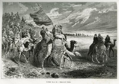 बेराक, अमीर इब्न अल राशिद (1872-1890) (सऊदी अरब) का ध्वज। 1878-1879 में लेडी अन्ना ब्लंट द्वारा निर्देशित कहानी "" पेलरिनेज औ नेडजेड, क्रैडल ऑफ द अरब रेस "" को चित्रित करने के लिए जी.वुइलियर द्वारा उत्कीर्णन, टूर डू मोंडे में प्रकाशित क द्वारा गैस्टन वूलीयर