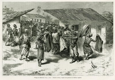 बकुरौ गांव, स्वदेशी लोगों को शांति वार्ता के लिए उपहार दिए जाते हैं। जी. वुइलियर द्वारा उत्कीर्णन, कहानी को स्पष्ट करने के लिए डैन लेस टेनेब्रेस डी ल'अफ़्रीक, रेचेर्चे ने खोज की और फिर से डी'मिन पाचा की खोज की द्वारा गैस्टन वूलीयर
