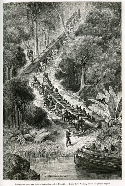 Innkissi फॉल्स (या लिविंगस्टोन फॉल्स) (कांगो) में डोंगियों Tragging, सर HMStanley (1841-1904) के निर्देशन में, G.Vuillier द्वारा ड्राइंग, ", एक यात्रा 1874- बीच किया" मिस्टीरियस महाद्वीप के माध्यम से "कहानी वर्णन करने के लिए 1877, सर एचएमएस  द्वारा गैस्टन वूलीयर
