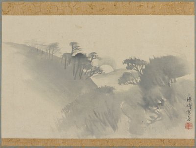 पहाड़ी, पेड़ और चंद्रोदय के साथ लैंडस्केप, ईदो अवधि, 1747-1868। द्वारा गेंकी