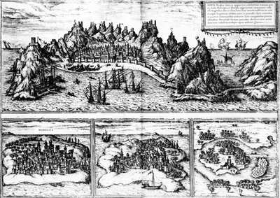 1572 में प्रकाशित जॉर्ज ब्रौन की &39;सिविटेट्स ऑर्बिस टेरारम&39; से अदन, मोम्बाज़ा, क्विलोआ और सेफ़ाला के दृश्य द्वारा जॉर्ज ब्रौन और फ्रांज होजेनबर्ग