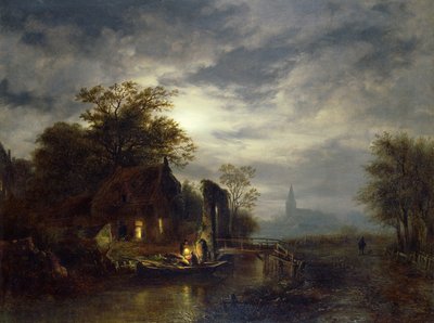 एक नाव को उतारने के आंकड़ों के साथ चांदनी नदी का दृश्य द्वारा Georg Gillis van Haanen