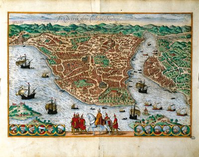 जॉर्ज ब्राउन (1541-1622) और फ्रांज होगेनबर्ग (1535-1590), रंग उत्कीर्णन द्वारा इटली, मिलान, कॉन्स्टेंटिनपोल शहर का परिप्रेक्ष्य दृश्य द्वारा फ्रांसो
