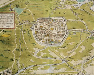 नीदरलैंड्स, लीडेन शहर और क्षेत्र का नक्शा जॉर्ज ब्रौन (1541-1622) और फ्रांज होगेनबर्ग (1540-1590), कोलोन, उत्कीर्णन द्वारा सिविटेट्स ऑर्बिस टेरारम से द्वारा फ्रांसो