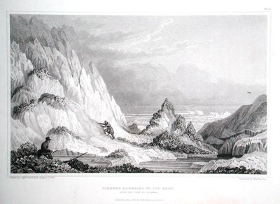एडवर्ड फाइंडेन (1791-1857) द्वारा उकेरी गई सर जॉन फ्रैंकलिन (1786-1847) की 'नैरेटिव ऑफ ए जर्नी टू द शोर्स ऑफ द पोलर सी इन द ईयर्स 1819-22' से, समुद्र की ओर देखने के साथ बर्फीले चट्टान का पालन करते हुए हिमखंड प्रकाशित 1823-28 (उत्कीर्णन) द्वारा जॉर्ज (बाद में)