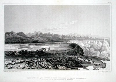 एडवर्ड फाइंडन (1791-1857) द्वारा उकेरी गई सर जॉन फ्रैंकलिन (1786-1847) द्वारा 1823 में प्रकाशित 'नैरेटिव ऑफ ए जर्नी टू द शोर्स ऑफ द पोलर सी इन द ईयर्स 1819-22' से माउंट कॉनबीयर के सामने एक रीफ में नावों का शुभारंभ -28 (रंग उत्कीर्णन) द्वारा जॉर्ज (बाद में)