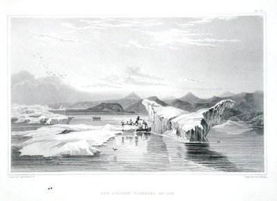 एडवर्ड फाइंडन (1791-1857) द्वारा उकेरी गई सर जॉन फ्रैंकलिन (1786-1847) द्वारा 'नैरेटिव ऑफ ए जर्नी टू द शोर्स ऑफ द पोलर सी इन द ईयर्स 1819-22' से बर्फ से निचोड़ी गई डॉल्फिन 1823-28 में प्रकाशित (रंगीन) उत्कीर्णन) द्वारा जॉर्ज (बाद में)