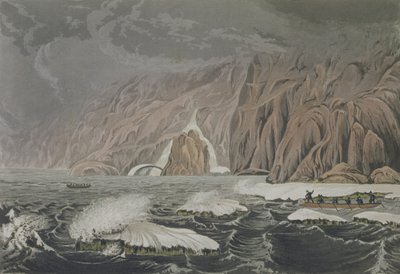 एडवर्ड फाइंडन (1791-1857) द्वारा उत्कीर्ण सर जॉन फ्रेंकलिन (1786-1847) द्वारा वर्ष 1819-22 के वर्षों में केप बैरोज़ के एक छोर से ध्रुवीय सागर के तट तक, 25 जुलाई 1821 को केप बैरो को दोगुना करने का अभियान। द्वारा जॉर्ज बैक