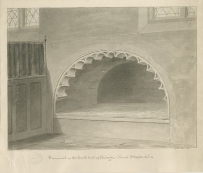 पेनक्रीज चर्च - दक्षिण की दीवार में स्मारक: सीपिया ड्राइंग, 1841 द्वारा जॉर्ज बकलर