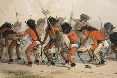 भैंस नृत्य विवरण, पब। 1845 रंग लिथोग्राफ। द्वारा जॉर्ज कैटलिन