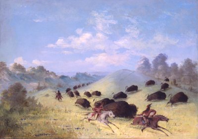 1846-1848 में लैंस और धनुष के साथ भैंस का पीछा करने वाले कोमांचे इंडियन्स। द्वारा जॉर्ज कैटलिन