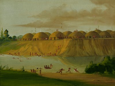 हिदत्सा गांव, पृथ्वी से ढके हुए लॉज, नाइफ नदी पर, सेंट लुइस से 1810 मील ऊपर, 1832। द्वारा जॉर्ज कैटलिन
