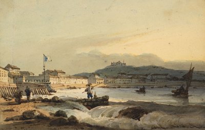 सेंट पीटर के किले के साथ दक्षिण से प्रया ग्रांडे, मकाओ, 1830-1845 को बाईं ओर द्वारा जॉर्ज चिन्नारी