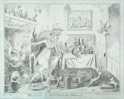 कॉर्न्स के लिए एक नुस्खा मिलाकर, 1835। द्वारा जॉर्ज क्रूइशांक