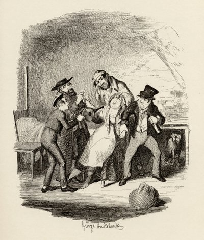 चार्ल्स डिकेंस (1812-70) 1838 द्वारा &39;द एडवेंचर्स ऑफ ऑलिवर ट्विस्ट&39; से मिस्टर फागिन और उनके शिष्य नैन्सी को ठीक करते हुए, चैपमैन und हॉल, 1901 द्वारा प्रकाशित द्वारा जॉर्ज क्रूइशांक
