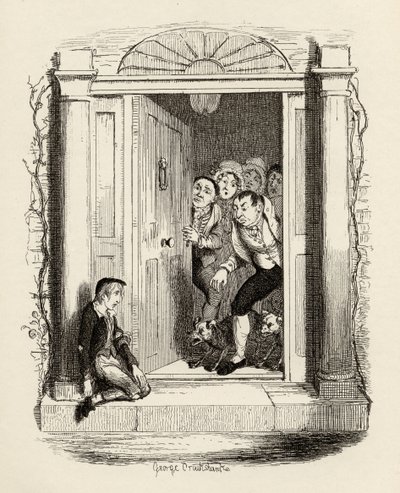 चार्ल्स डिकेंस (1812-70) 1838 के &39;द एडवेंचर्स ऑफ ओलिवर ट्विस्ट&39; से मिसेज मेयली के दरवाजे पर ओलिवर ट्विस्ट, 1901 में चैपमैन und हॉल द्वारा प्रकाशित द्वारा जॉर्ज क्रूइशांक