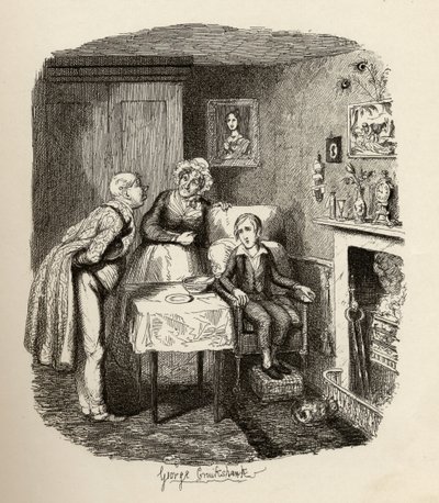 चार्ल्स डिकेंस (1812-70) 1838 के &39;द एडवेंचर्स ऑफ ओलिवर ट्विस्ट&39; से, बुखार से उबरने वाला ओलिवर, 1901 में चैपमैन und हॉल द्वारा प्रकाशित द्वारा जॉर्ज क्रूइशांक