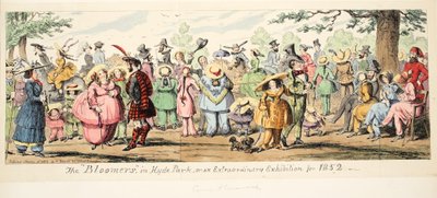 1852, पब के लिए हाइड पार्क या एक असाधारण प्रदर्शनी में ब्लूमर्स। 1852 (हाथ के रंग का उत्कीर्णन) द्वारा जॉर्ज क्रूइशांक