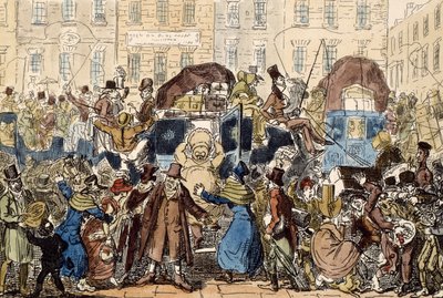इंग्लैंड में यात्रा, या व्हाइट हॉर्स सेलर से एक झाँकी, 1819 (हाथ से रंग की नक्काशी) द्वारा जॉर्ज क्रूइशांक