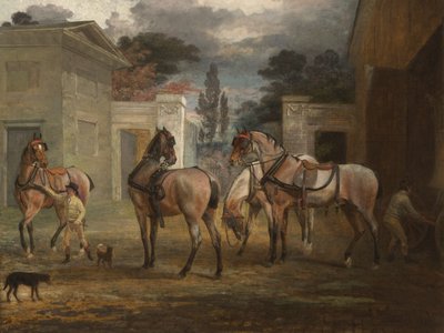 फोर रॉन कोच हॉर्स विथ टू ग्रूम, 1792 द्वारा जॉर्ज गैरार्ड