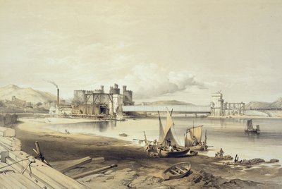 कॉनवे ब्रिज, दूसरा ट्यूब का निर्माण, सितंबर 1848, कलाकार द्वारा उकेरा गया द्वारा जॉर्ज हॉकिन्स