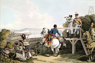 बोनापार्ट (1769-1821) अपनी उड़ान से ठीक पहले, 18 जून 1815 को अपने इम्पीरियल गार्ड, वाटरलू के हमले को देखते हुए, मैथ्यू डबबर्ग (fl.1813-20) द्वारा उकेरा गया द्वारा जॉर्ज हम