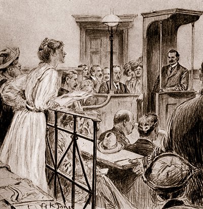 मिस क्रिस्टाबेल पंचहर्स्ट ने मिस्टर हर्बर्ट ग्लैडस्टोन, 1909 (ड्राइंग) पर सवाल उठाते हुए द्वारा जॉर्ज किंग्स्टन जोन्स