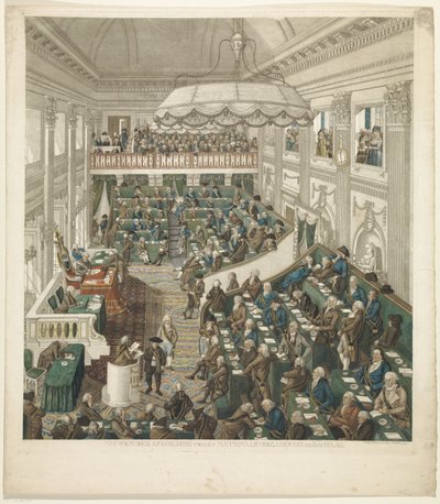 हेग में पहली राष्ट्रीय सभा, 1796 हेग में राष्ट्रीय सभा का सटीक चित्रण (वस्तु पर शीर्षक) द्वारा जॉर्ज कोकर्स