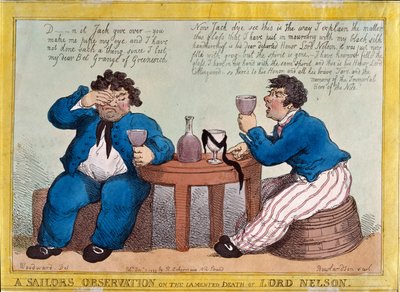 लॉर्ड नेल्सन की लामरदार मौत पर नाविक का अवलोकन, थॉमस रॉलैंडसन (1756-1827) द्वारा उकेरा गया, जिसे रूडोल्फ एकरमैन ने प्रकाशित किया, 3 दिसंबर 1805 (रंगीन नक़्क़ाशी) द्वारा जॉर्ज माउटर्ड वुडवर्ड