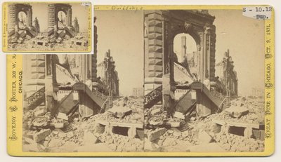 1871 के शिकागो फायर के बाद मोनरो और लासेल गलियों के उत्तर-पश्चिमी कोने में ब्रायन ब्लॉक की स्टिरोग्राफ द्वारा जॉर्ज एन। बरनार्ड