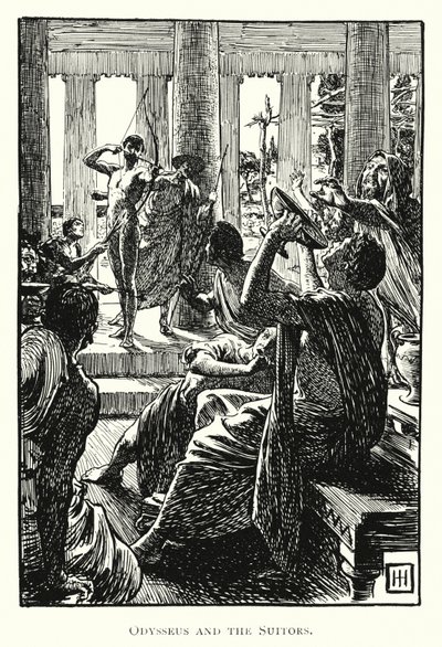 ओडिसी: ओडीसियस और सूटर्स (उत्कीर्णन) द्वारा George Percy Jacomb Hood