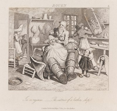 नाई की दुकान, रूवेन, c.1821 (नक़्क़ाशी) द्वारा जॉर्ज रॉबर्ट लुईस