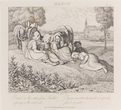 किसानों को बाजार से लौटते हुए, नैन्सी, c.1821 (नक़्क़ाशी) द्वारा जॉर्ज रॉबर्ट लुईस